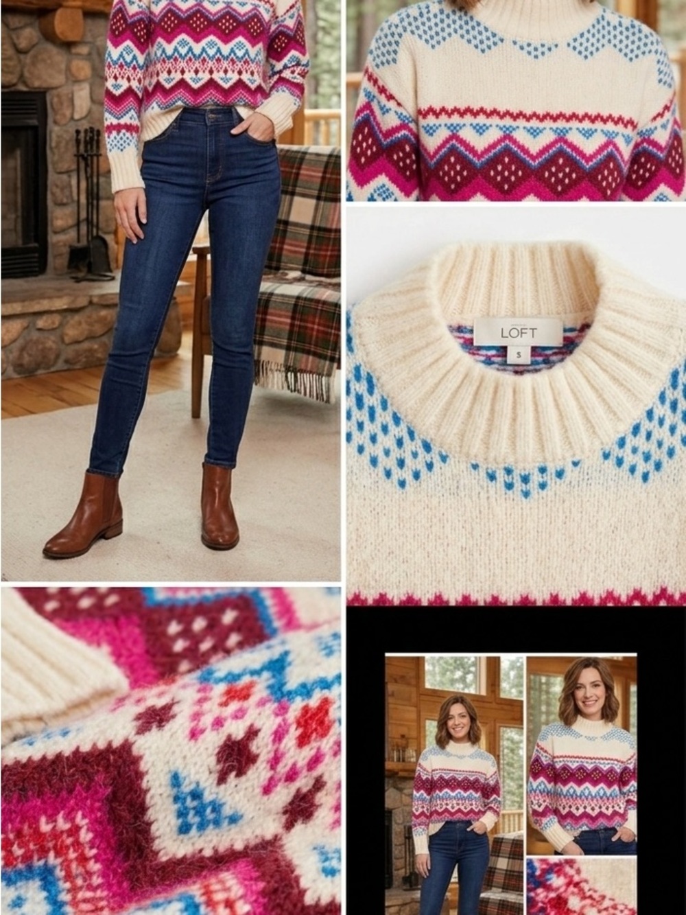 LOFT Cozy Geometric Knit Fair Isle Winter Sweater Women's Size S